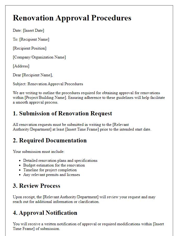 Letter template of procedures for renovation approval