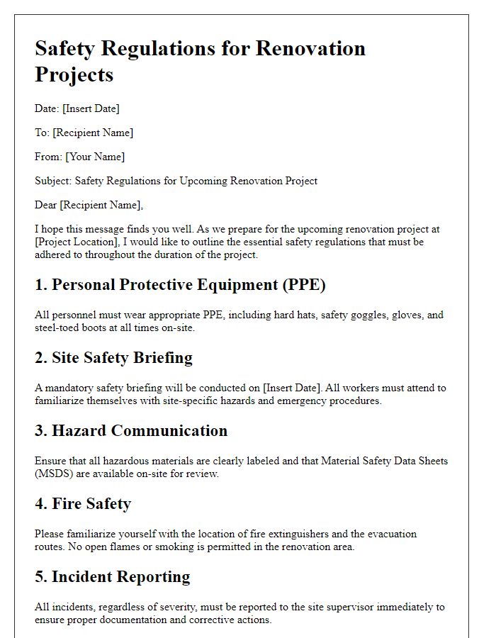 Letter template of safety regulations for renovation projects