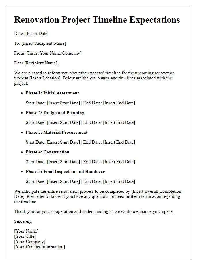Letter template of timeline expectations for renovation work