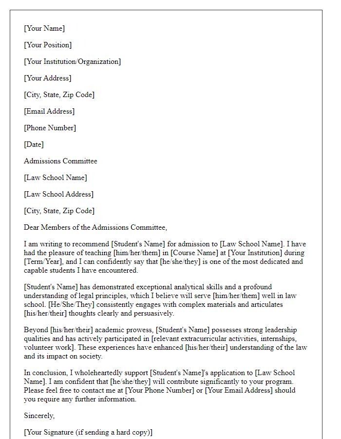 Letter template of academic recommendation for law school admission