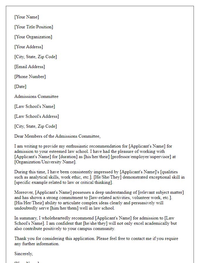 Letter template of professional recommendation for law school admission