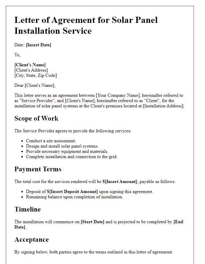 Letter template of agreement for solar panel installation service