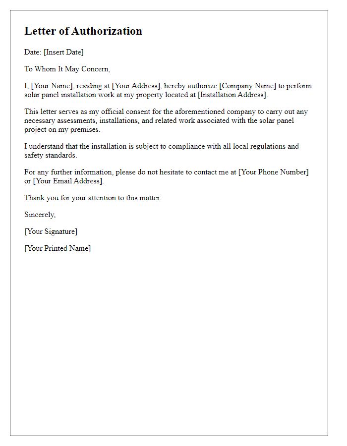 Letter template of authorization for solar panel installation work