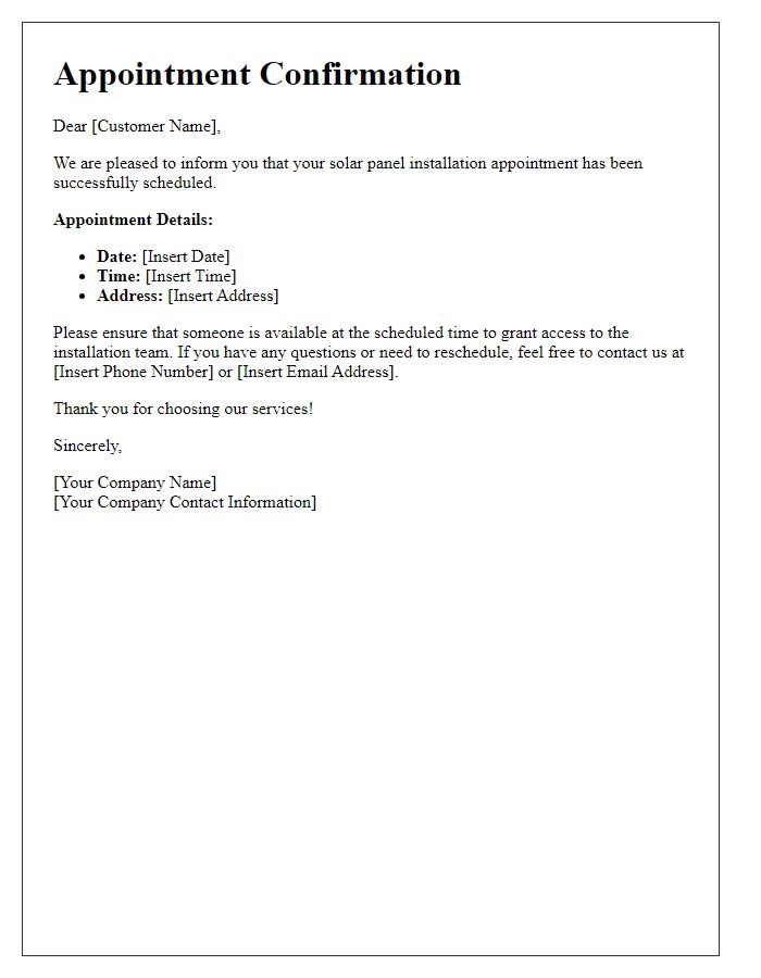 Letter template of confirmation for solar panel installation appointment