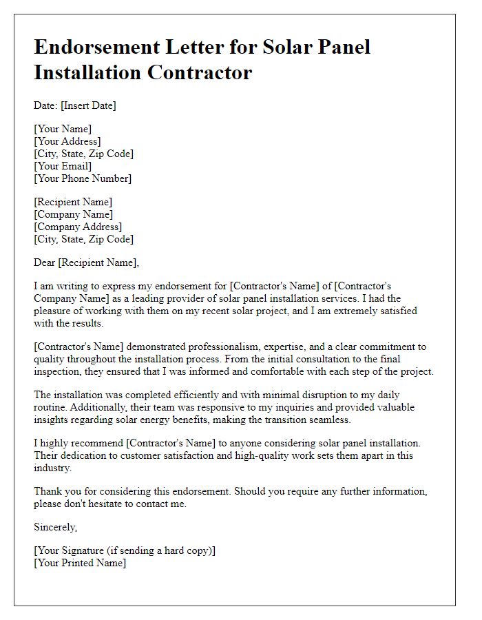 Letter template of endorsement for solar panel installation contractor