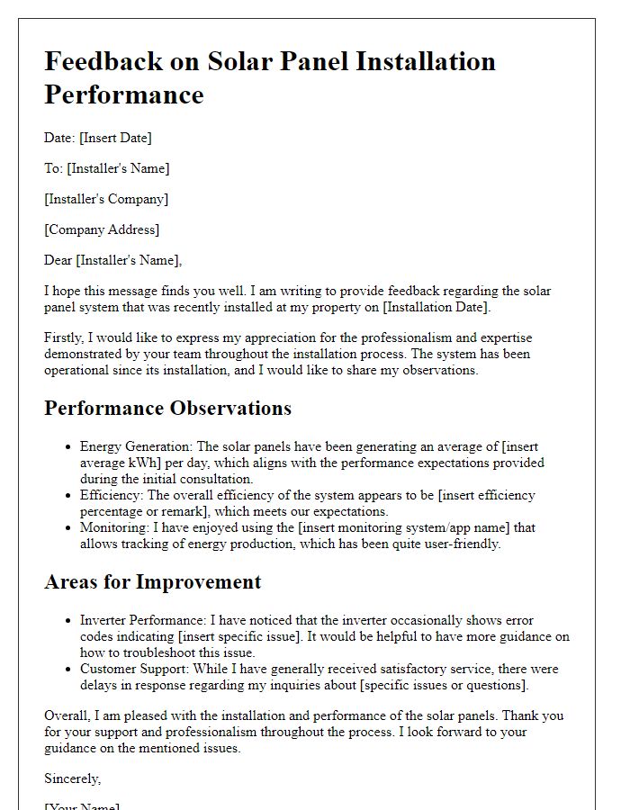 Letter template of feedback regarding solar panel installation performance