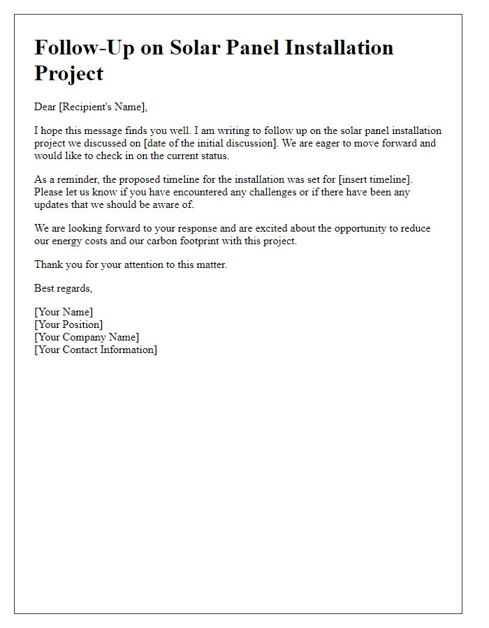 Letter template of follow-up on solar panel installation project