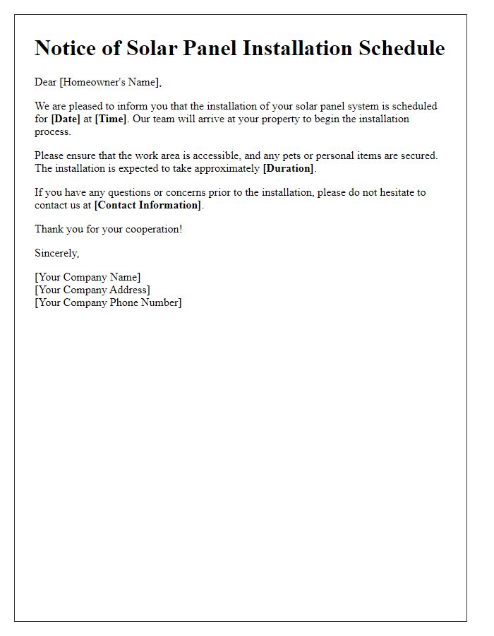 Letter template of notice for solar panel installation schedule