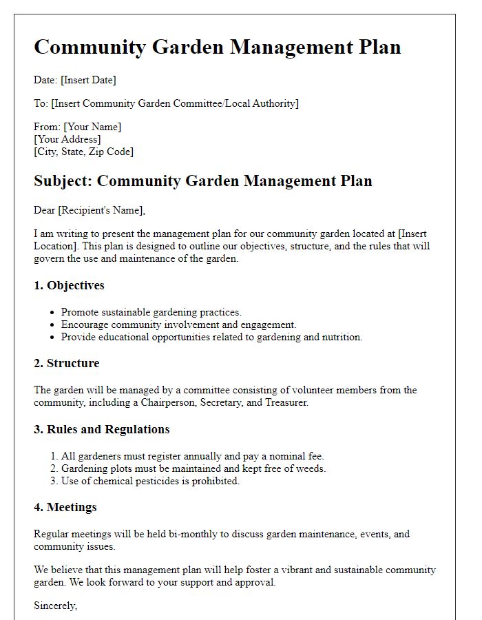 Letter template of community garden management plan