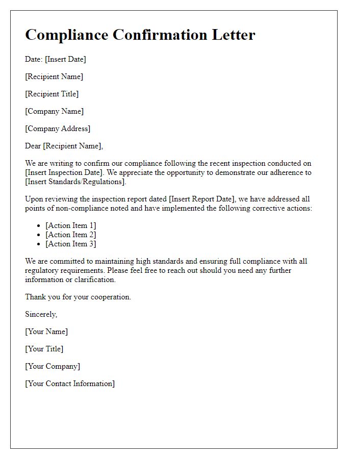 Letter template of compliance confirmation post-inspection report