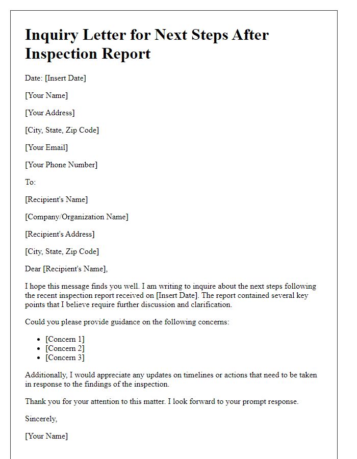 Letter template of inquiry for next steps after inspection report