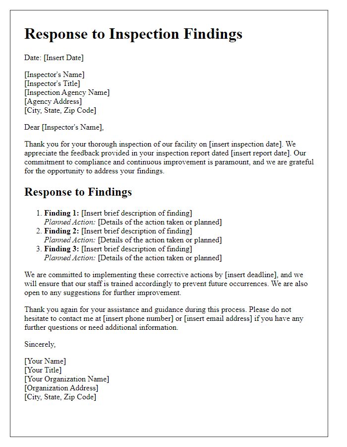 Letter template of response to inspection findings