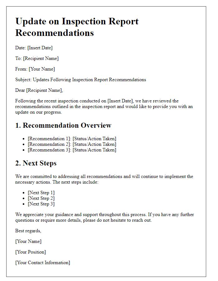 Letter template of updates following inspection report recommendations