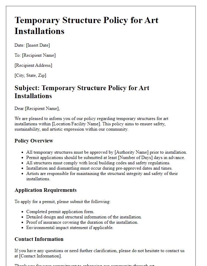 Letter template of temporary structure policy for art installations.