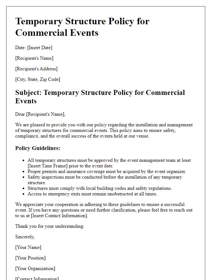 Letter template of temporary structure policy for commercial events.