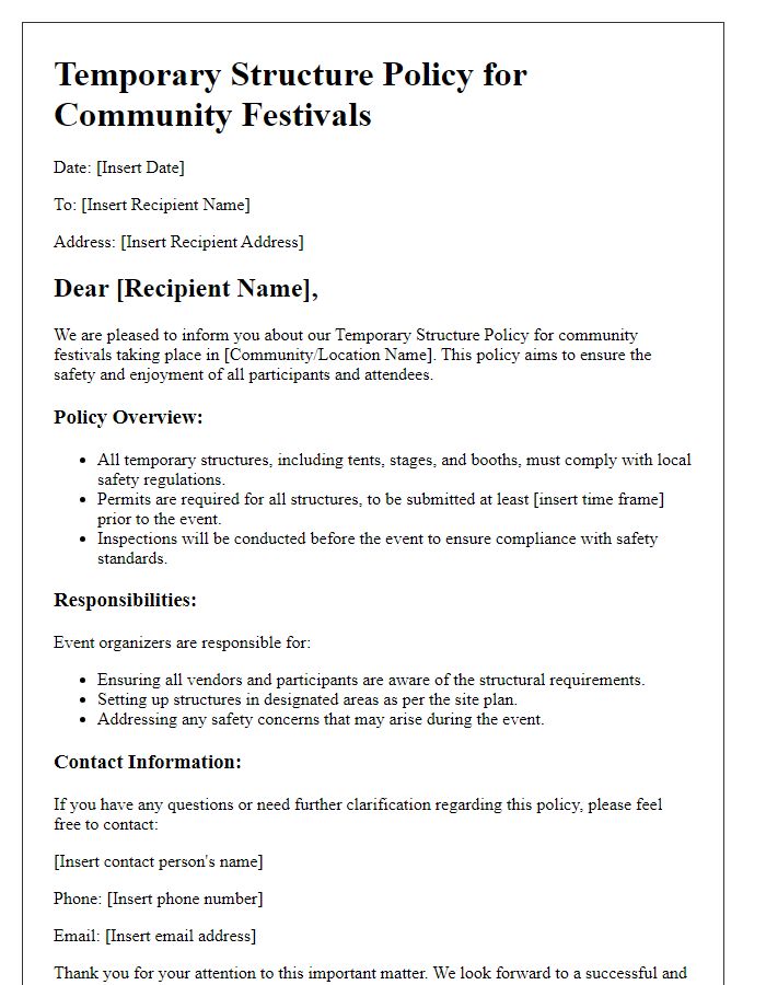 Letter template of temporary structure policy for community festivals.