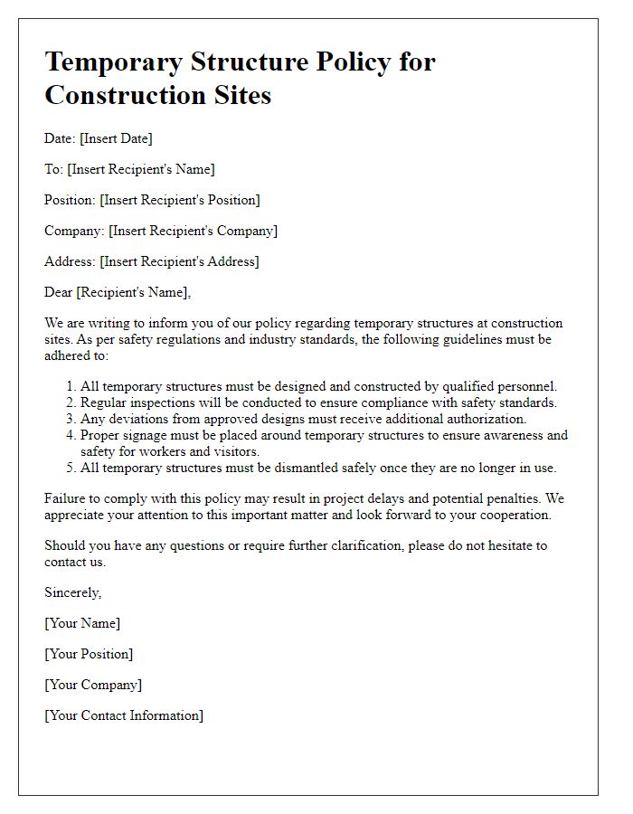 Letter template of temporary structure policy for construction sites.