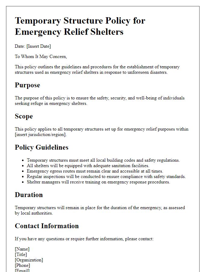 Letter template of temporary structure policy for emergency relief shelters.