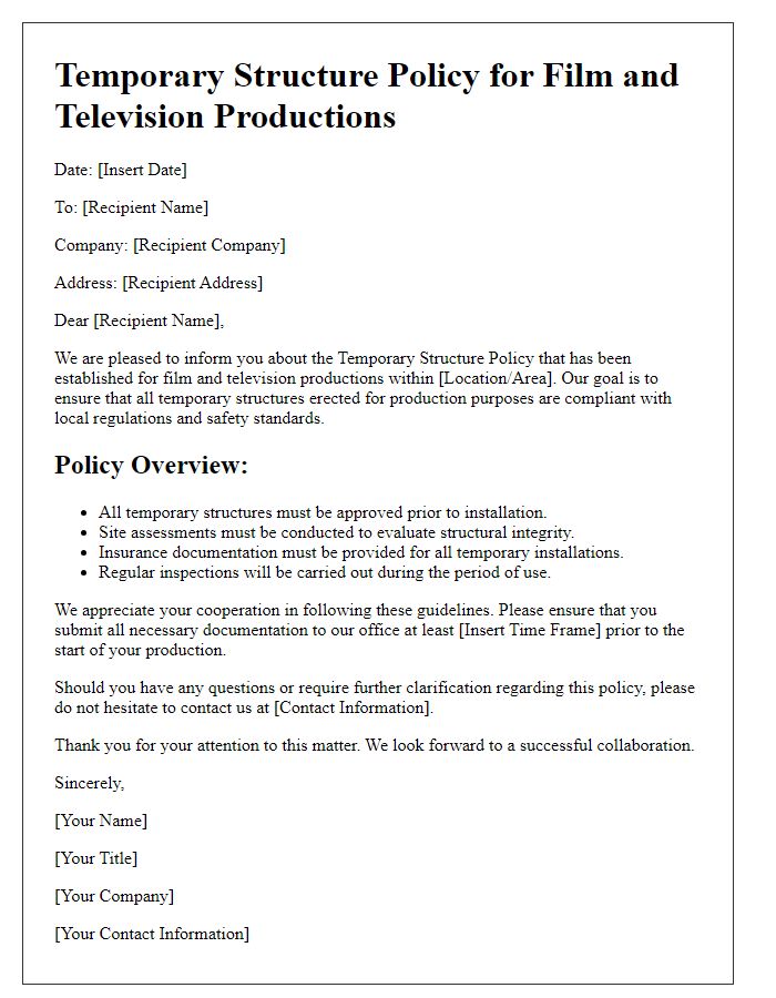 Letter template of temporary structure policy for film and television productions.