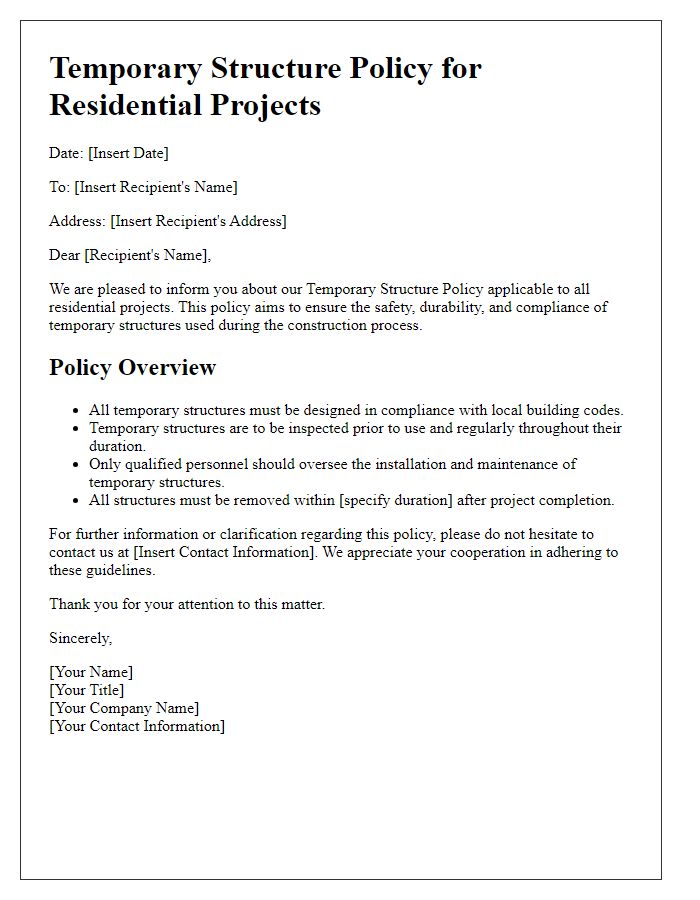 Letter template of temporary structure policy for residential projects.