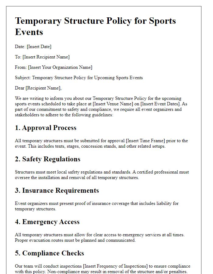 Letter template of temporary structure policy for sports events.