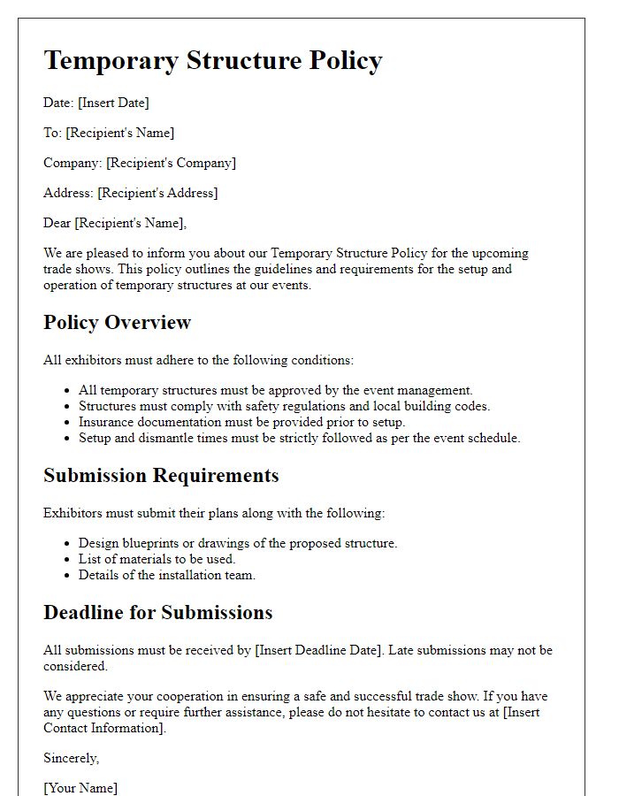 Letter template of temporary structure policy for trade shows.