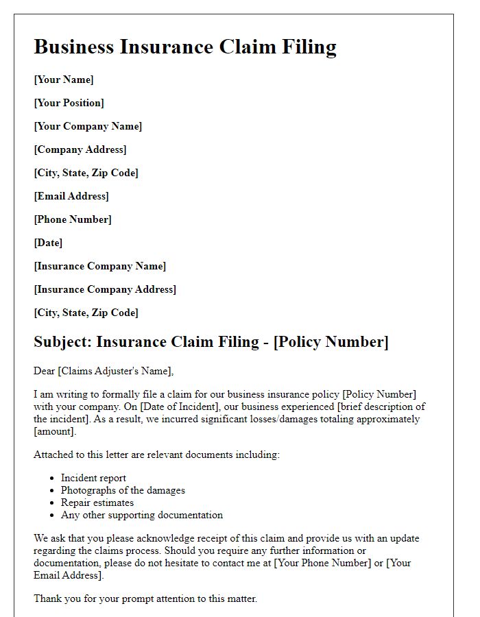 Letter template of business insurance claim filing.