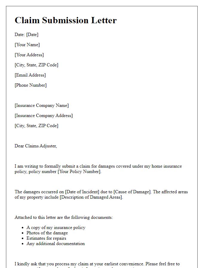 Letter template of home insurance claim submission.