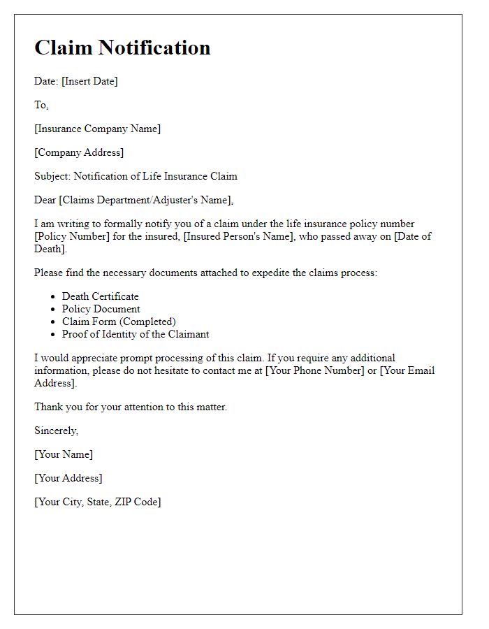 Letter template of life insurance claim notification.