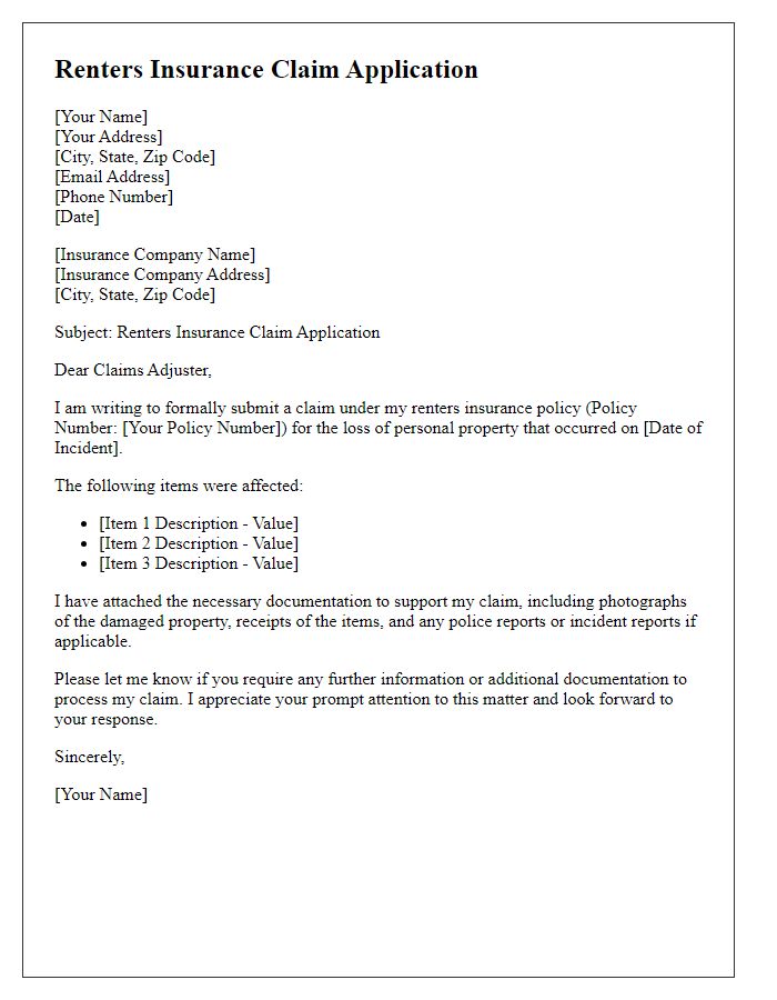 Letter template of renters insurance claim application.