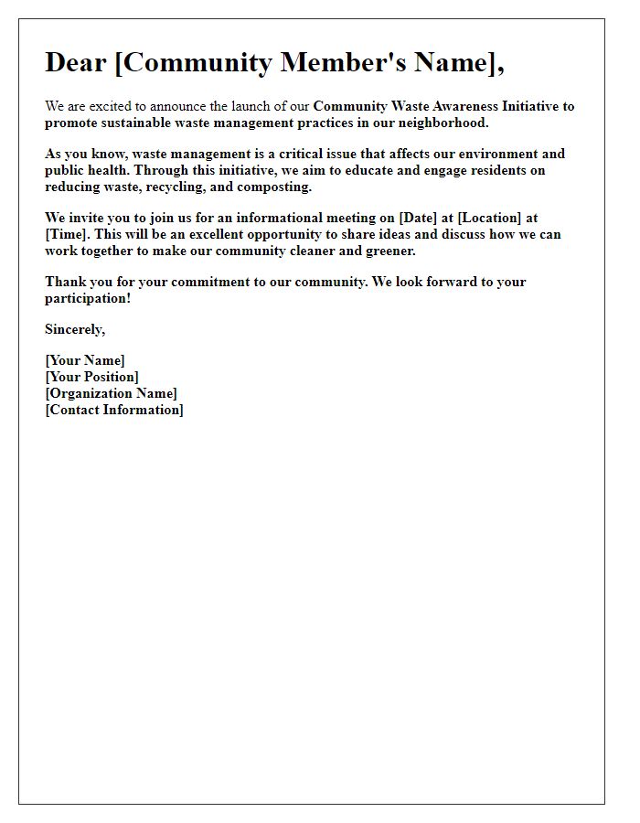 Letter template of community waste awareness initiative