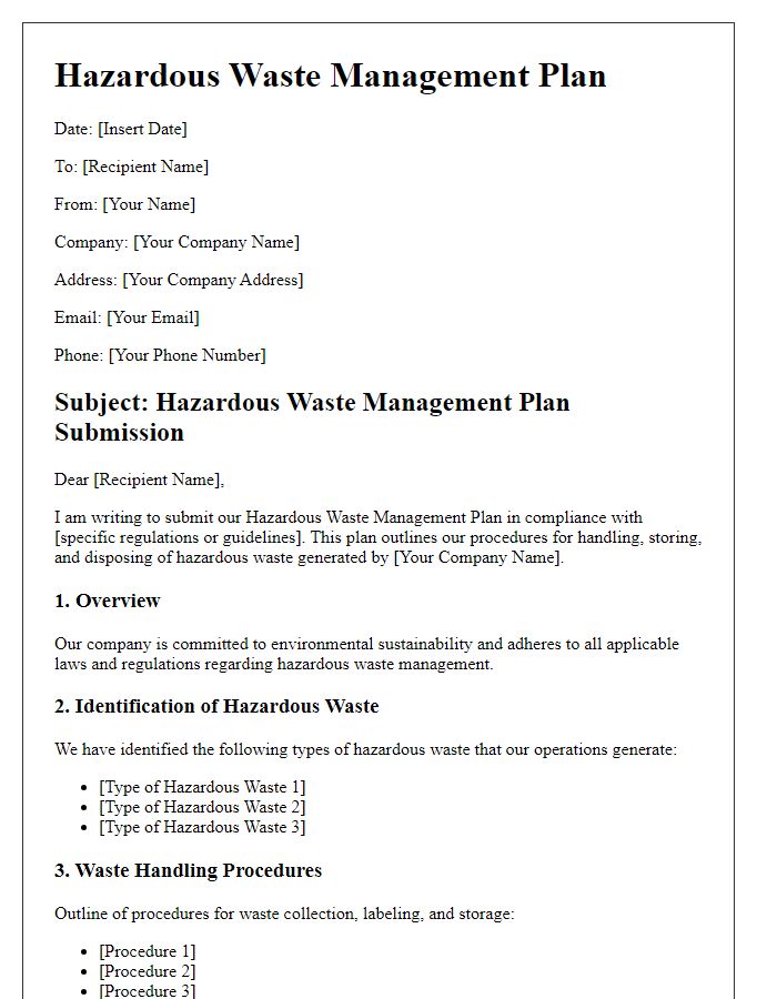 Letter template of a hazardous waste management plan