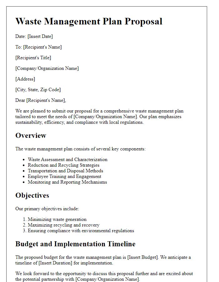 Letter template of a waste management plan proposal