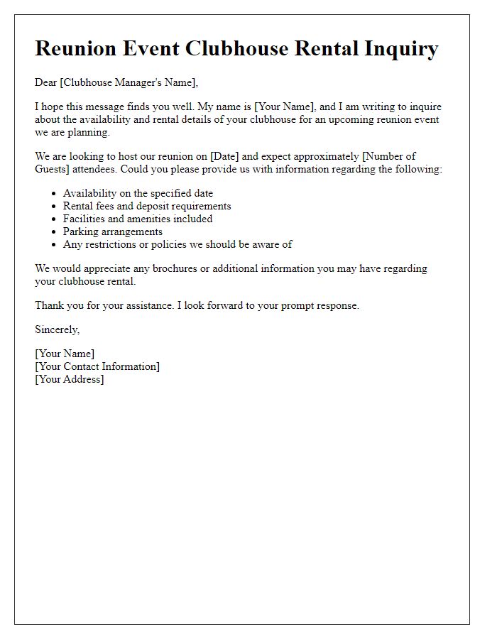 Letter template of clubhouse rental inquiry for a reunion event.