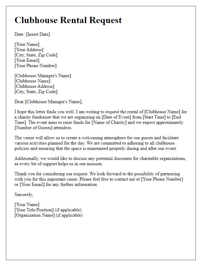 Letter template of clubhouse rental request for a charity fundraiser.