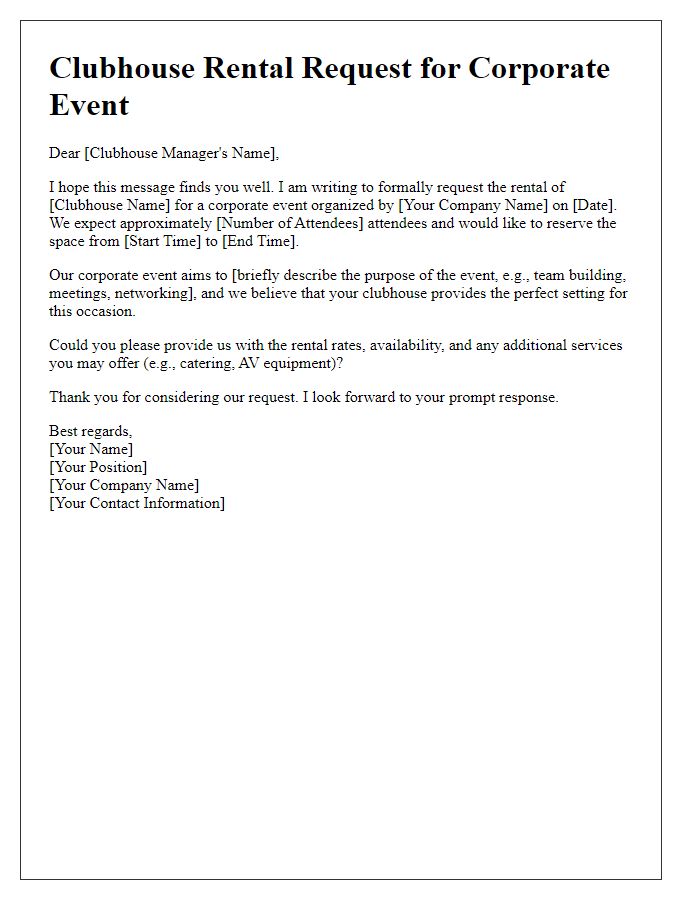 Letter template of clubhouse rental request for a corporate event.