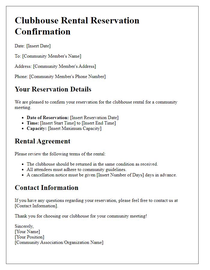 Letter template of clubhouse rental reservation for a community meeting.