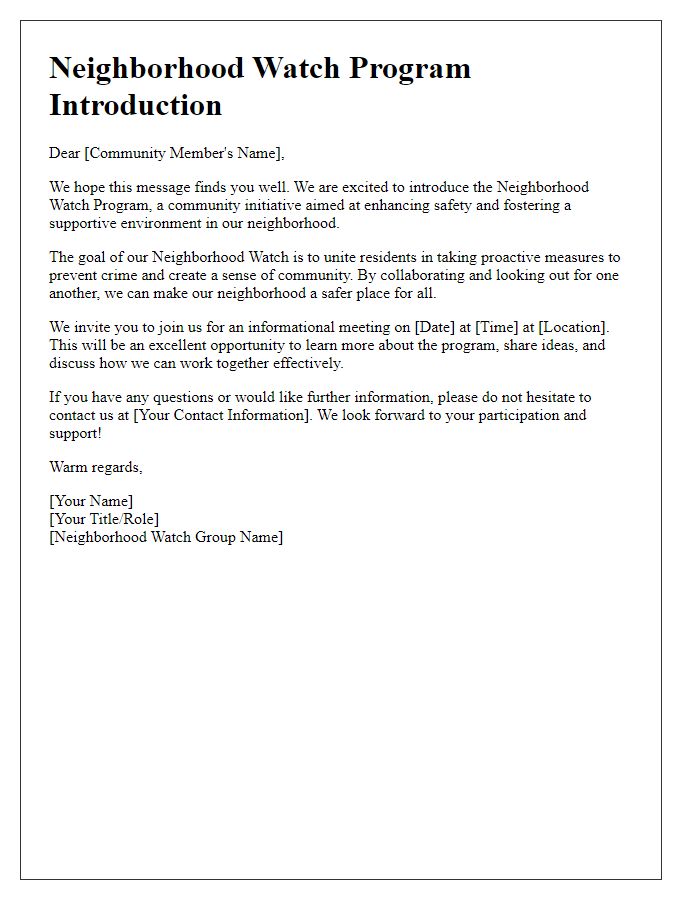 Letter template of Neighborhood Watch Introduction for Community Outreach