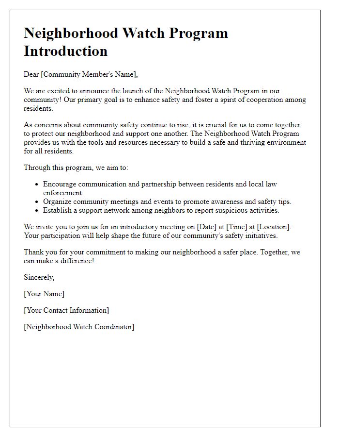 Letter template of Neighborhood Watch Introduction for Community Safety Awareness