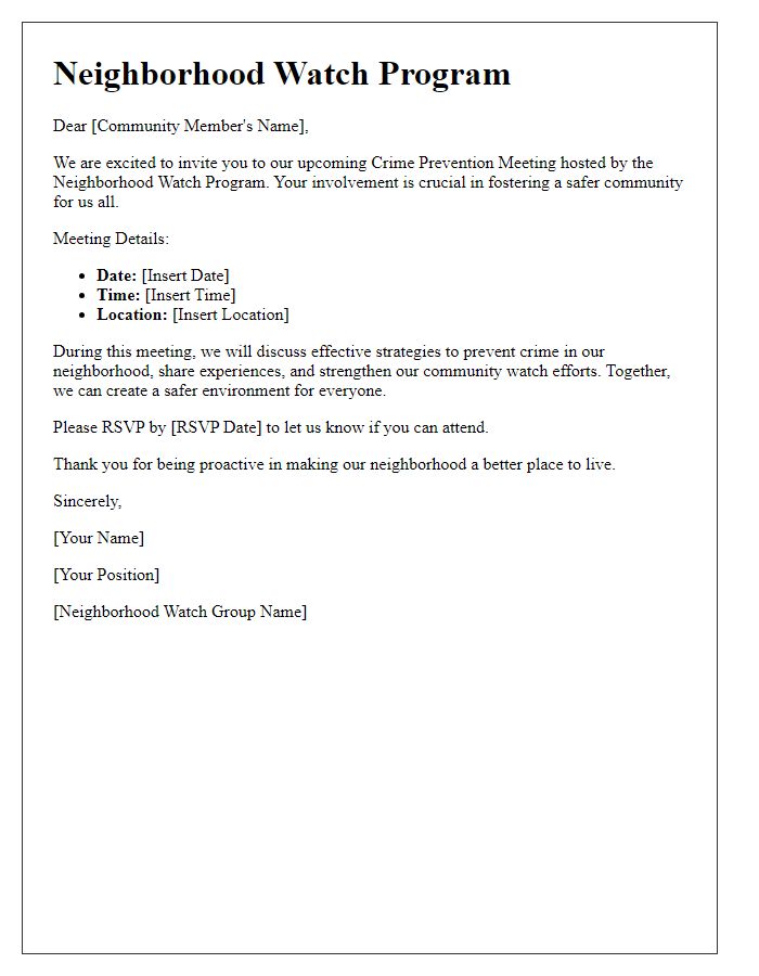 Letter template of Neighborhood Watch Introduction for Crime Prevention Meeting