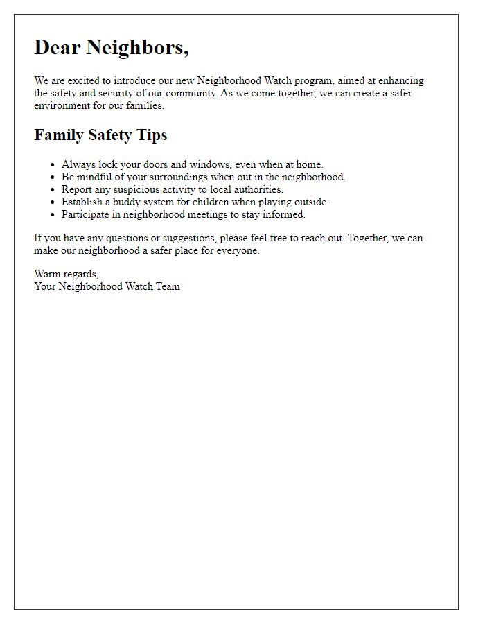 Letter template of Neighborhood Watch Introduction for Family Safety Tips