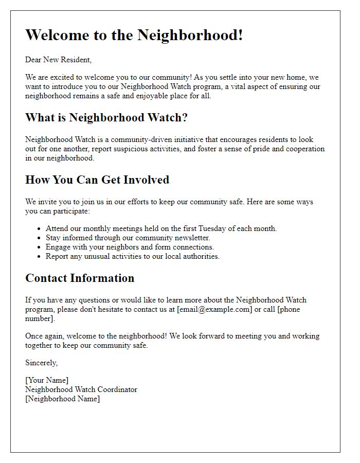 Letter template of Neighborhood Watch Introduction for New Residents