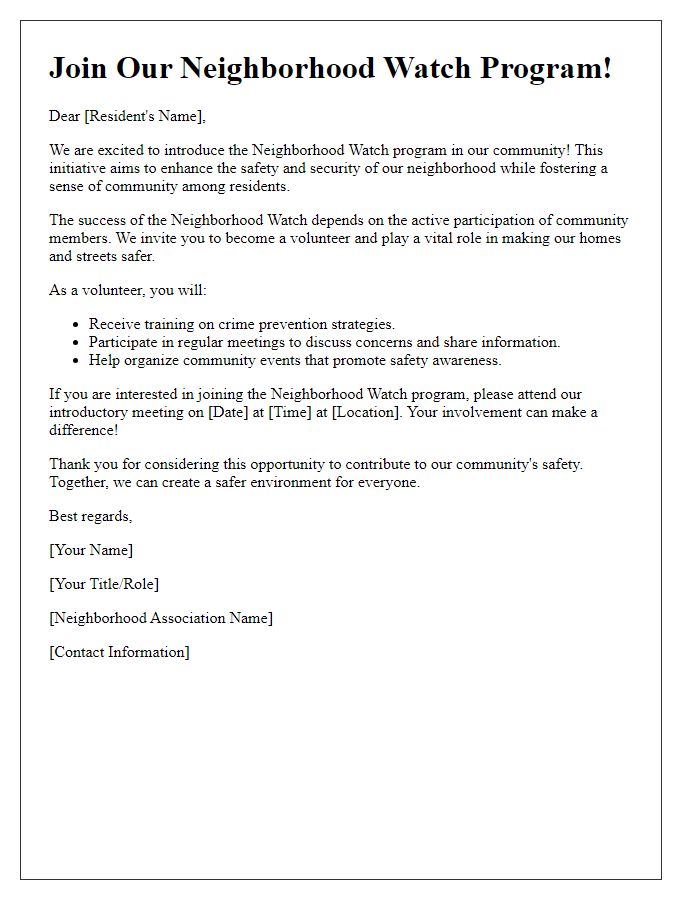 Letter template of Neighborhood Watch Introduction for Volunteer Recruitment