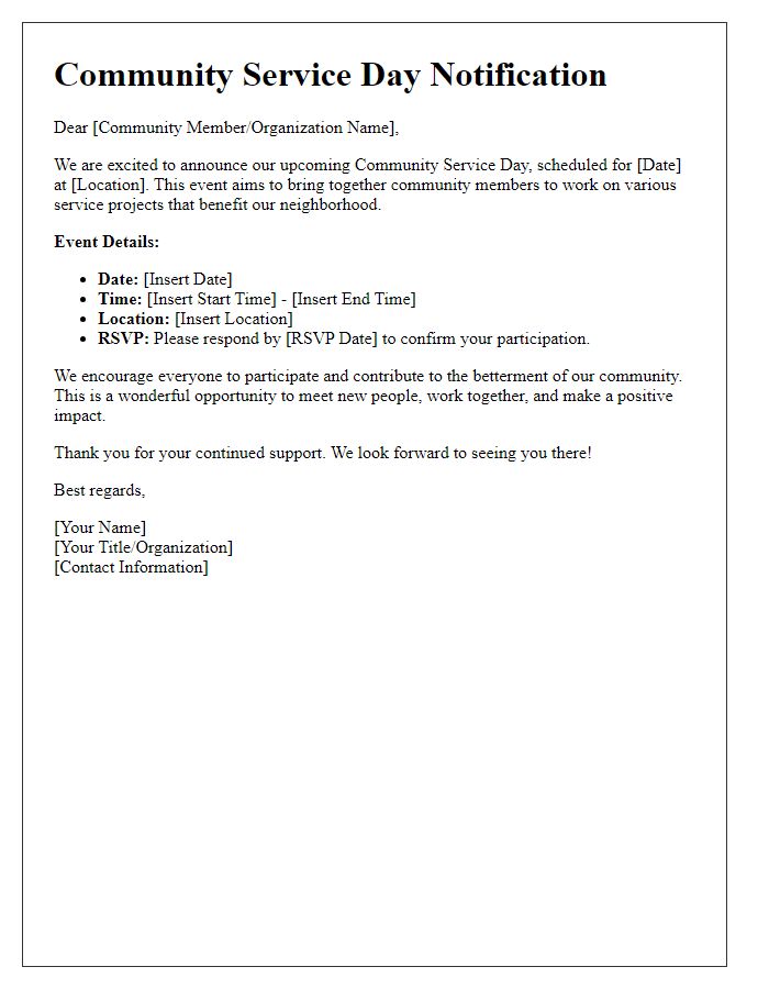 Letter template of community service day notification