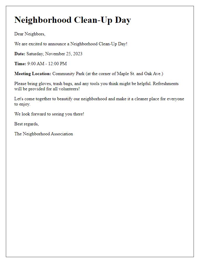 Letter template of neighborhood clean-up day details