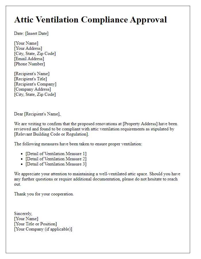 Letter template of attic ventilation compliance approval for renovations.