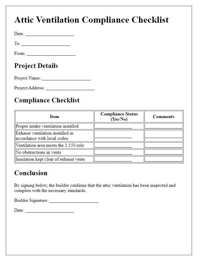 Letter template of attic ventilation compliance checklist for builders.