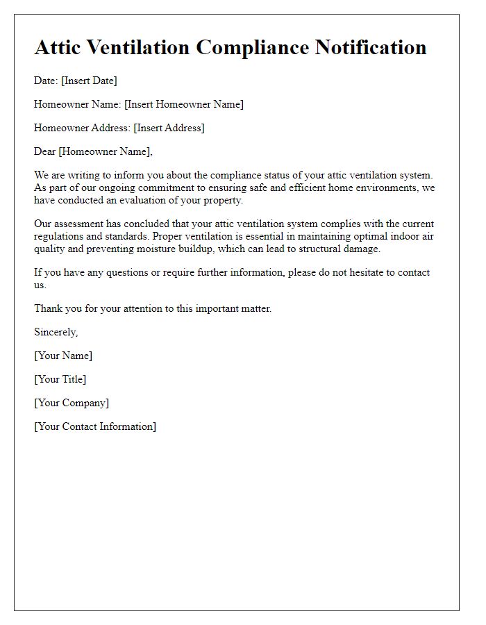 Letter template of attic ventilation compliance notification to homeowners.