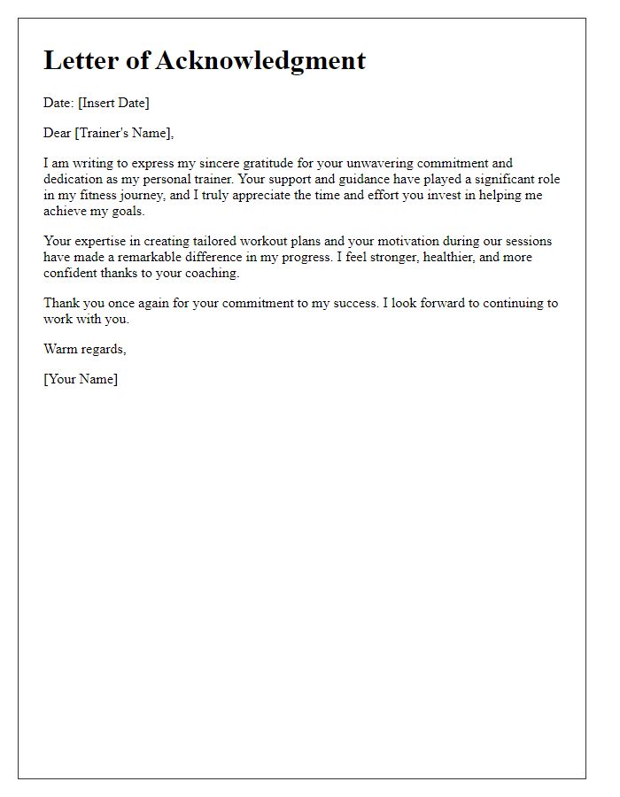 Letter template of acknowledgment for a personal trainers commitment