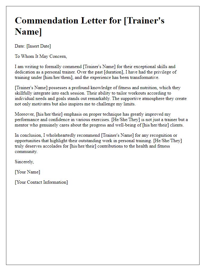 Letter template of commendation for a personal trainers skills